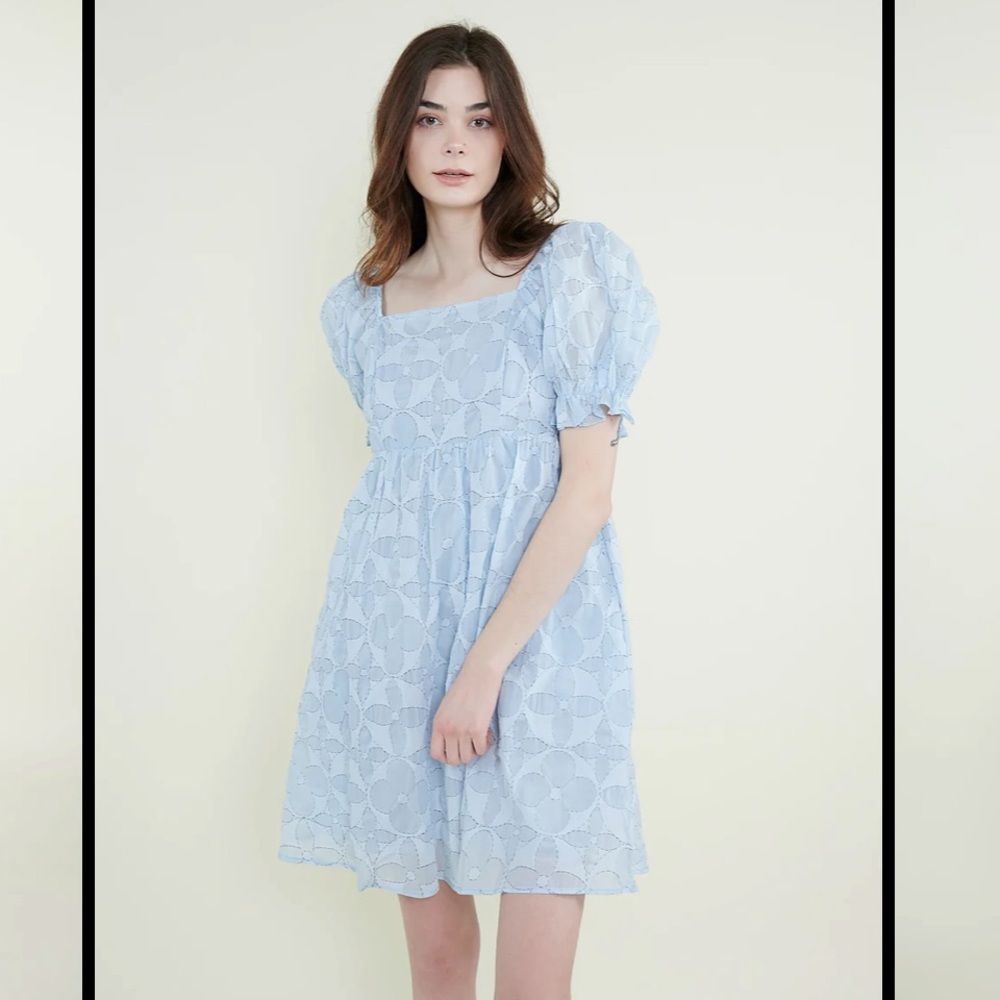 NWT Moomtan Light Blue Tiered Puff Sleeves Dress Feminine Wedding Guest Prom, S